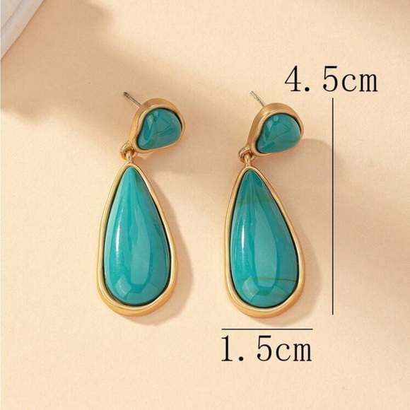 Gold Turquoise Teardrop Shaped Geometric Summer Statement Earrings - Picture 5 of 6